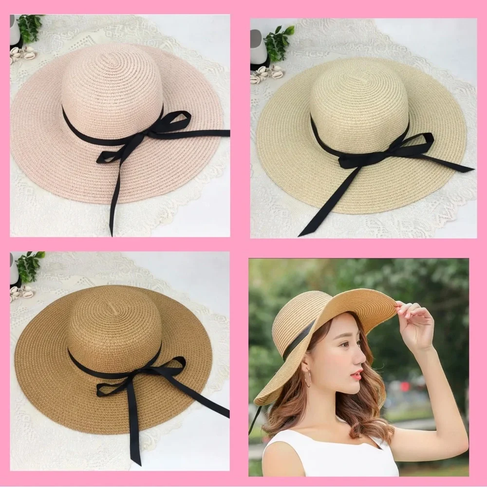 WIDE BRIM SUN HAT IN PINK, KHAKI OR NATURAL WITH‎ A BLACK RIBBON-NEW